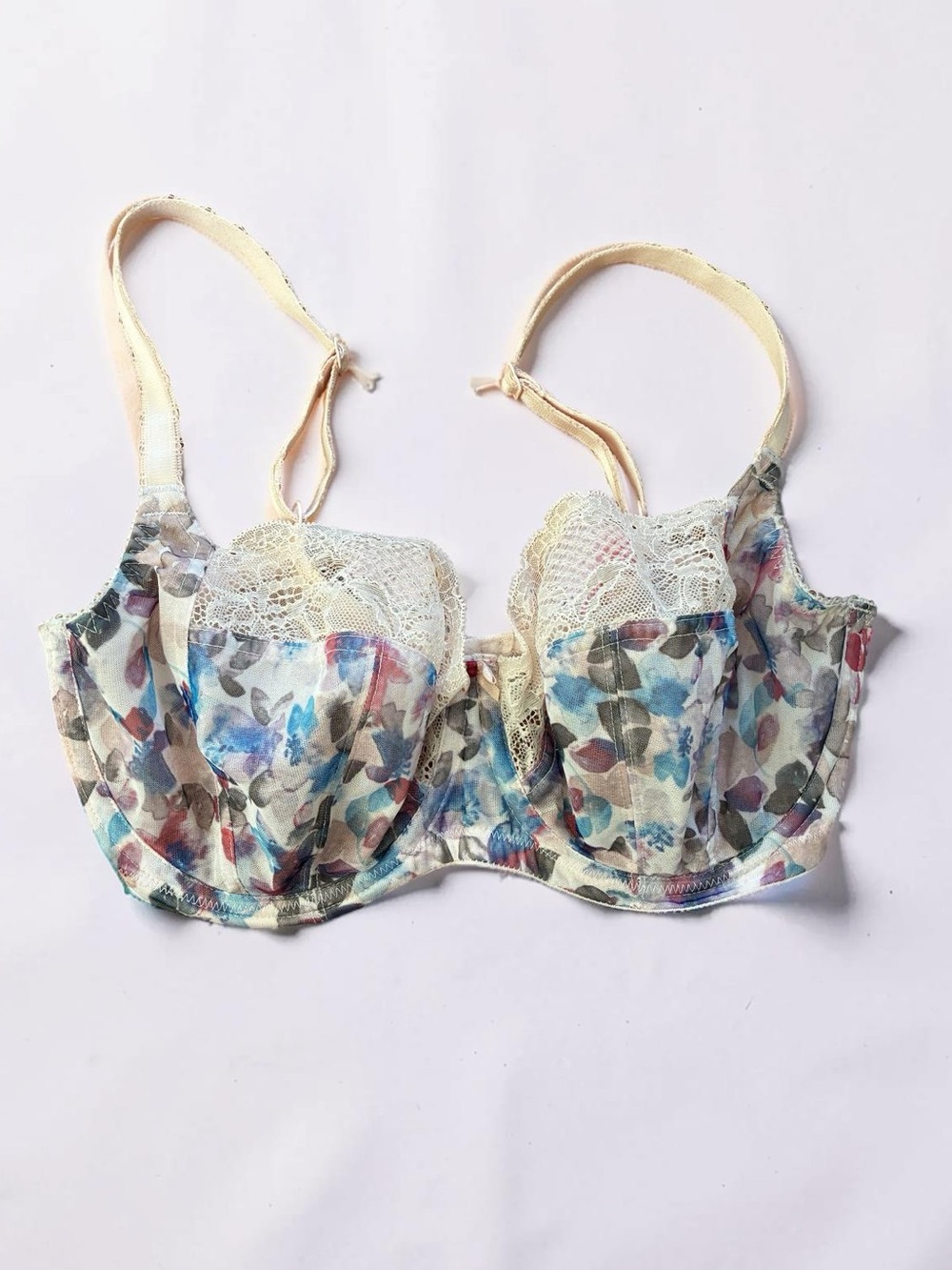 Panache Floral Lace Underwire Bra in Cream with Blue and Pink Accents